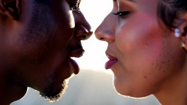 Close-up handheld video of two men's lips kissing, one fair skin with pink blush, one deep chocolate skin with blush, against a dreamy backlit glow Concept of lgbtq+ romance and intimacy