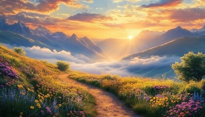 Winding path through wildflower-covered hillside with snowy peaks and misty sunlight.