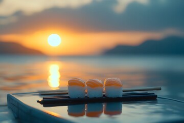 Sunset Over Calm Water with Sushi and Chopsticks on a Table