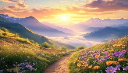 Winding path through wildflower-covered hillside with snowy peaks and misty sunlight.