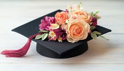 Obraz premium Black graduation cap with colorful flowers and purple tassel on wood.