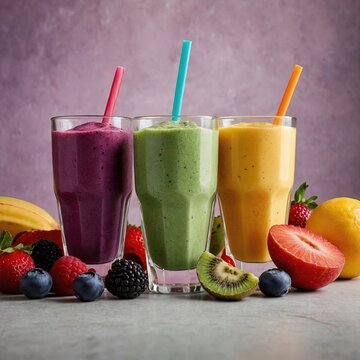 Batidos saludables y refrescantes en copas de vidrio con una vibrante combinaci&oacute;n de frutas tropicales y bayas, resaltando nutrici&oacute;n y estilo de vida saludable