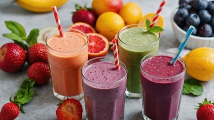 Innovadora presentación de batidos saludables: cuatro coloridos smoothies en vasos transparentes, decorados con surtido de frutas naturales que reflejan la frescura de un estilo de vida activo