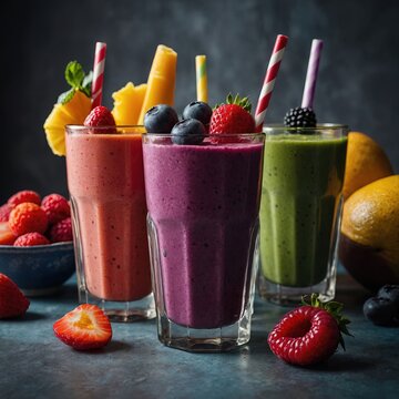 Batidos naturales con una paleta de colores intensos: tres smoothies meticulosamente decorados con frutas frescas y dispuestos armoniosamente para reflejar la vitalidad y el arte culinario 