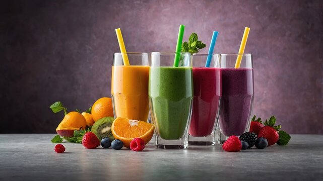 Batidos naturales y saludables de frutas frescas en vasos con pajillas de colores, rodeados de ingredientes frescos como fresas, ar&aacute;ndanos, frambuesas, kiwi y naranja sobre una mesa de piedra con fond