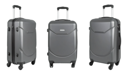 Set of three modern grey suitcases with retractable handle and wheels, isolated on transparent background