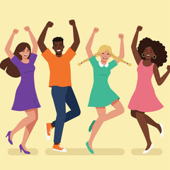 Fototapeta premium Joyful Harmony: A vibrant display of unity unfolds as individuals of diverse backgrounds embrace a shared moment of elation, captured in this illustrative scene of friendship.