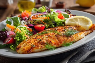 Tasty grilled fish with a vibrant fresh salad on a platter for a healthy seafood meal