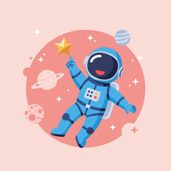 Astronaut with a Star: An astronaut floats in space, holding a golden star, surrounded by planets and stars in a colorful and whimsical illustration.