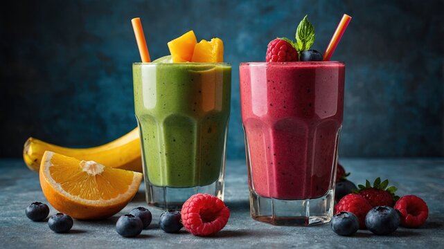 Fotograf&iacute;a Profesional de Smoothies Refrescantes y Saludables: Vasos de Cristal con Pajillas Rayadas y Frutas Tropicales y Berries para Destacar una Presentaci&oacute;n Creativa y Energizante
