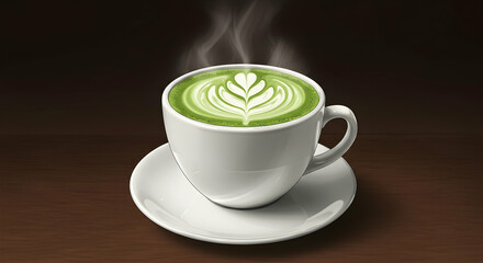 Freshly Brewed Matcha Latte with Art on Creamy Surface in Cup