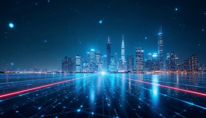 City Skyline at Night with Digital Overlay