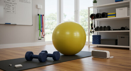 Empty room prepared for home workout. Exercise ball, dumbbells, yoga mat, and resistance bands arranged on the floor for fitness training.