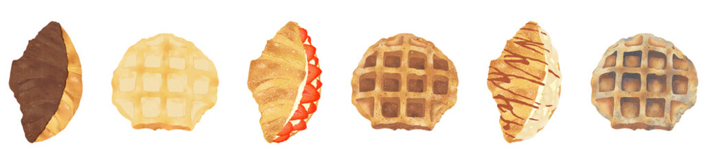 a set of 6 delicious tasty yummy sweet croissants waffles morning breakfast popular trending traditional flaky buttery delicate airy crisp French pastry bakery cafe menu sweet treats comfort food png