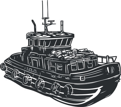 black and white tugboat drawing clip art preview