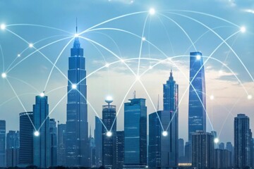 Obraz premium Futuristic cityscape with glowing 5G towers and network lines connecting smart devices A futuristic skyline interconnected by digital networks and technology.