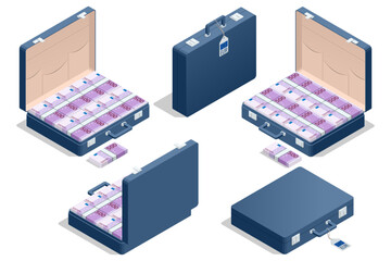 Isometric vector illustration of a blue suitcase packed with 500 euro banknotes. Symbol of tax evasion, bribery, and cross-border money transfers.