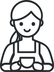 Line art illustration of a smiling woman holding a cup wearing an apron, representing a friendly barista or person enjoying a drink