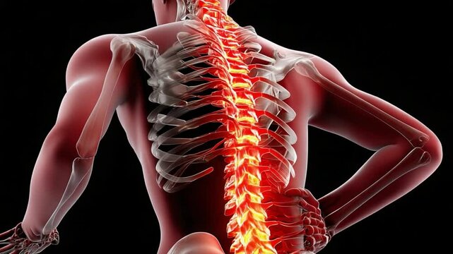 Human Spinal Anatomy in Highlight: A detailed 3D medical rendering showcases the human spine, emphasizing the intricate structure with vibrant illumination.
