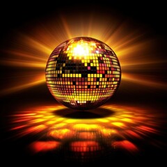 A vibrant disco ball glows against a dark, radiating background, casting a patterned reflection on the surface below