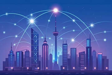 Futuristic cityscape with glowing 5G towers and network lines connecting smart devices Futuristic city skyline with glowing connections between skyscrapers at dusk.
