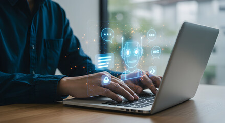 Ai chatbot technology concept person using laptop for online communication assistance and support