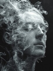 A fading masculine face dissolving into smoke ribbons, horror-like surrealism