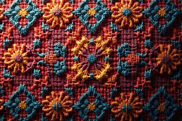 Intricate woven fabric with complex, repeating motif, macro, fiber, textile