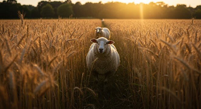 Sheep grazing in a golden wheat field at sunset, creating a serene rural landscape
