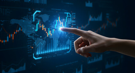 Stock market analysis and trading concept with hand touching financial data graph interface screen