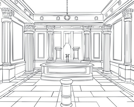 Black and white line drawing of an ancient Roman bath interior with classical columns and detailed architectural design