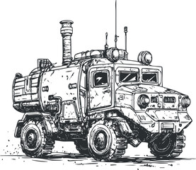 Hand-drawn black and white illustration of a rugged military armored truck for off-road defense and transport