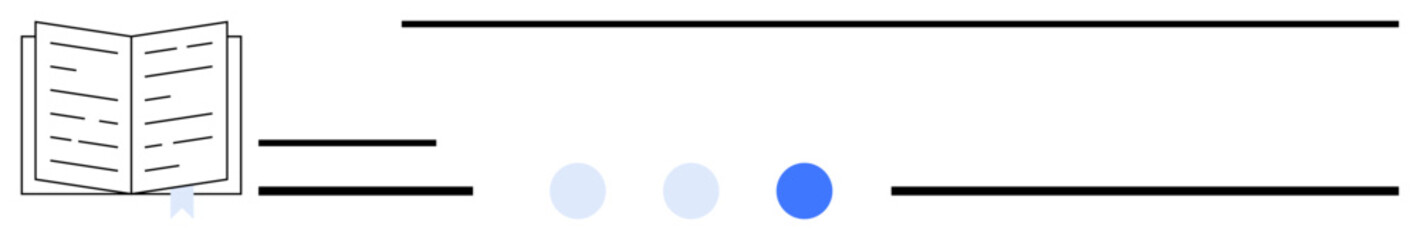 Open book with lines symbolizing text, three dots suggesting progress, focus or loading. Ideal for education, e-learning, reading, study tracking, online content, progress indication and a simple