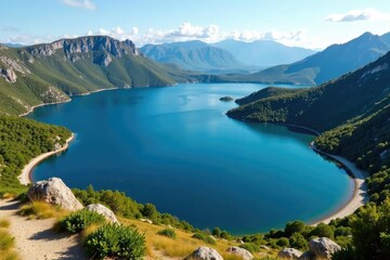 Irregularly shaped lake with winding shoreline and rocky outcrops, ecology, aerial, rocks