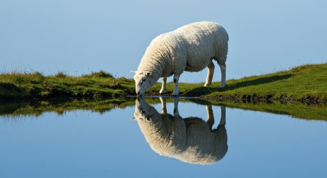 Sheep drinking from a calm pond surrounded by lush green grass under a clear blue sky