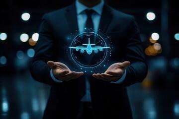 Businessman presenting airplane hologram in dark environment with blurred lights in background