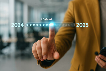 Businessperson Hand Touching Futuristic Loading Bar Transitioning from 2024 to 2025 New Year Progress Concept Modern Technology Digital Interface Innovation Future Planning Strategy Development Goals 