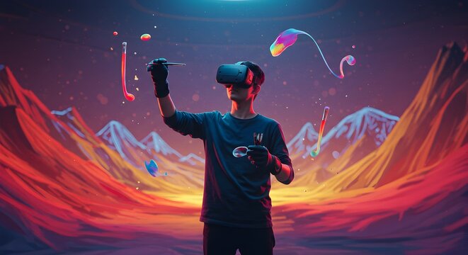 Virtual reality painting session amidst a surreal mountain landscape canvas