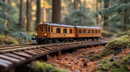 Fototapeta premium Wooden model train on miniature railway track curving through autumnal forest.
