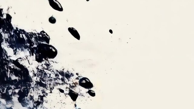 Abstract liquid ink splatter and drips on white surface. Dark black fluid splashes, droplets, and flowing textured patterns.