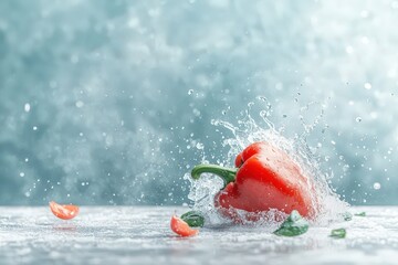 A vibrant red bell pepper plunges into water, creating a dynamic splash on a textured surface. Freshness and movement captured in a still life