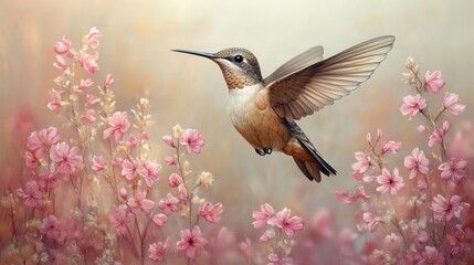 Naklejka premium Hummingbird in flight amidst pink flowers.