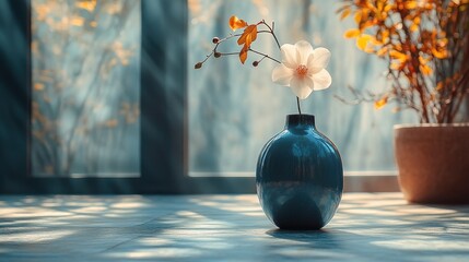 Single white flower in a dark blue vase on a sunlit windowsill.