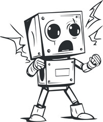 Cartoon robot character with shocked expression in black and white line art style