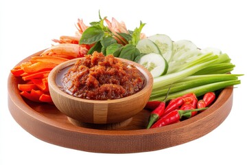 Thai shrimp paste sauce with vegetables in a wooden tray isolated on white showcasing traditional cuisine