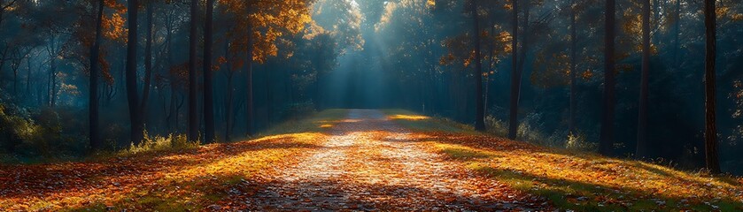 Autumnal sunlit path through a misty forest.