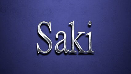 3D Chrome name design of Japanese name Saki on blue Background.	