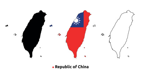 Taiwan Map Vector - Country Outline, Flag Inside Map, Blank and Silhouette Version