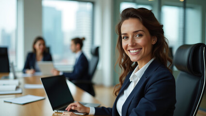 Smiling middle manager (male or female) sitting in office at desk,