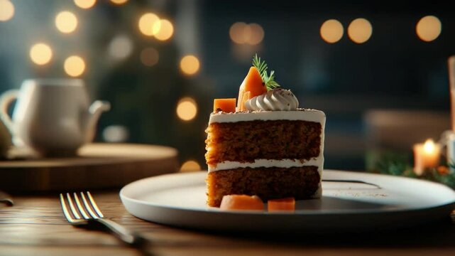 Delicious carrot cake slice on a rustic table with warm candlelight atmosphere and cozy dining setup